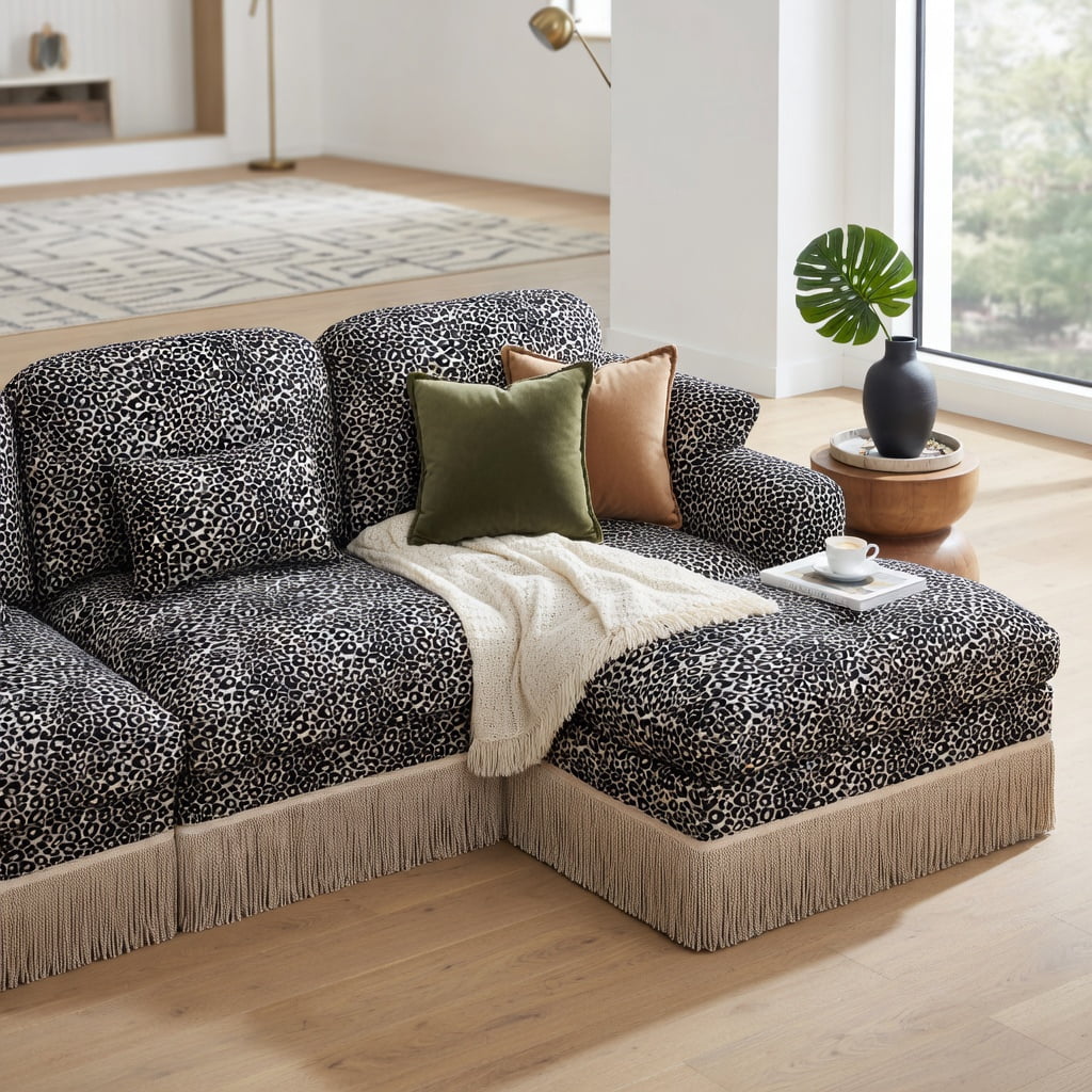 Hommoo 131" Modular Leopard Print Chenille 4-Seat Sectional Sofa, Tassel-Trimmed, Deep Seat, Ergonomic Support, Easy Assembly for Living Room, khaki