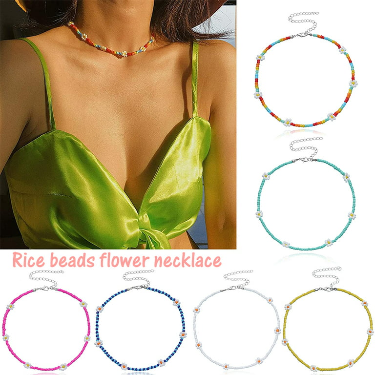 6Pcs Beaded Choker Necklaces Vsco Boho Handmade Flower Necklace Cute  Necklace for Teen Girls Beach Necklace Set 