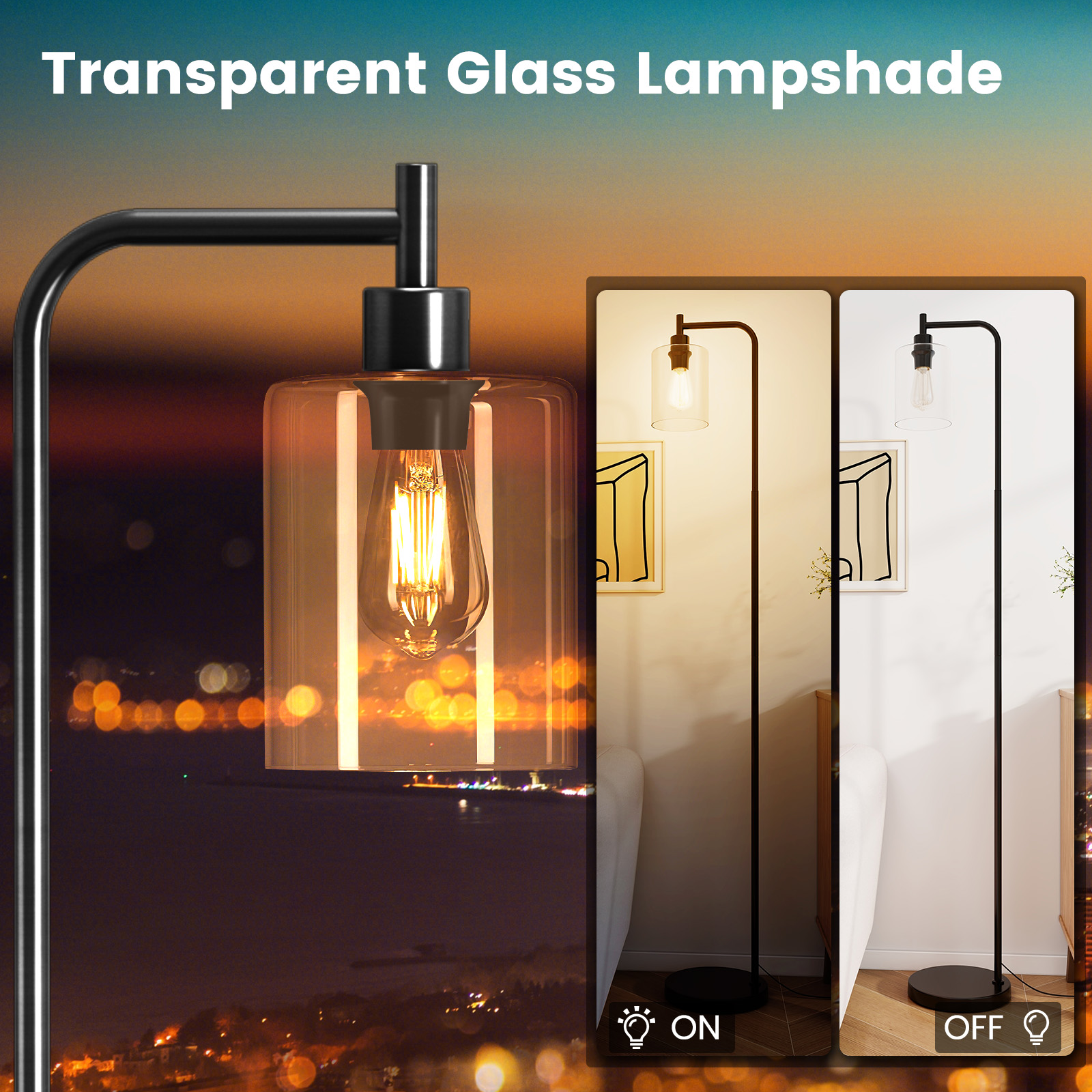 Giantex Industrial Standing Floor Lamp, Modern Reading Lamp w/Clear Glass Lampshade & Foot Switch, Tall Pole Lamp, Black