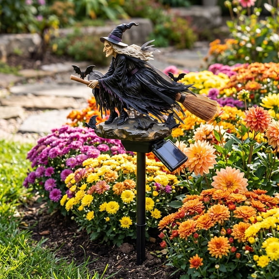 Miwamany Solar Halloween Witch Stake Lights Outdoor, Flying Broomstick LED Garden Decor, Halloween Lighted Yard Ornament for Lawn Pathway Party Decoration