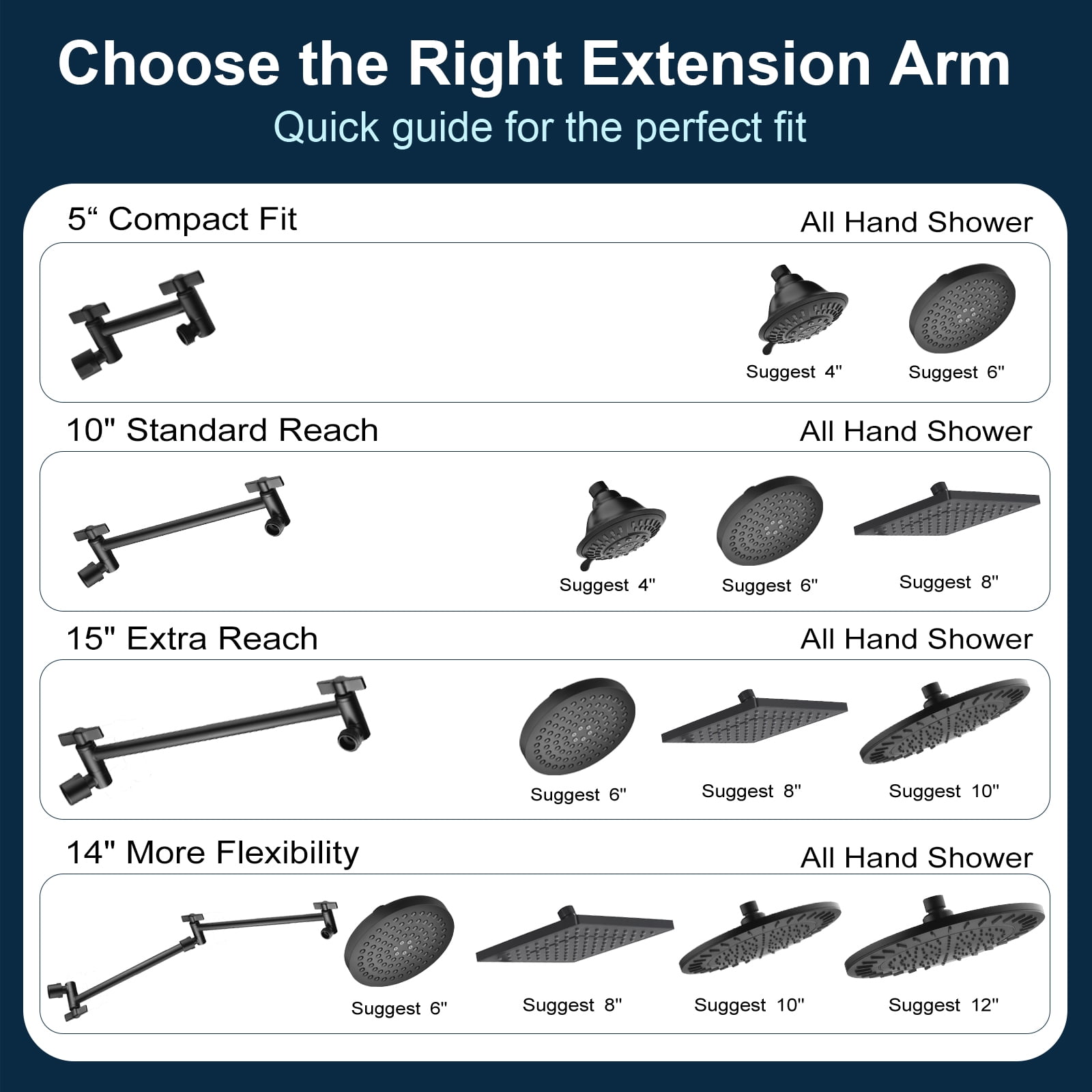 Bright Showers Brass Shower Arm Extender for Rain & Handheld Shower Head, 5” Universal Shower Head Extension Arm, Height & Angle Adjustable, Chrome