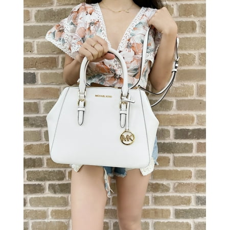 Michael Kors Charlotte Large Top Zip Satchel Optic White Leather Crossbody