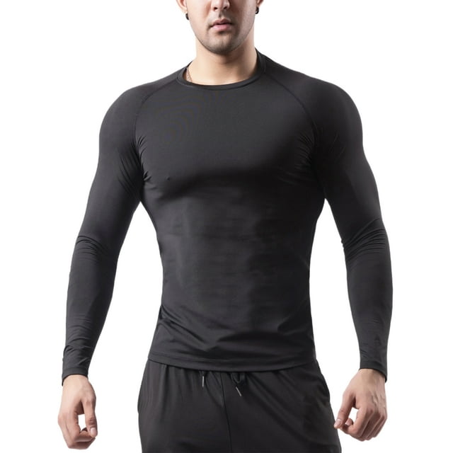 MAWCLOS Mens Compression T Shirts Quick Dry Sport Shirt Crew Neck Baselayer Tops Comfy Running Long Sleeve Workout T-shirt Black M
