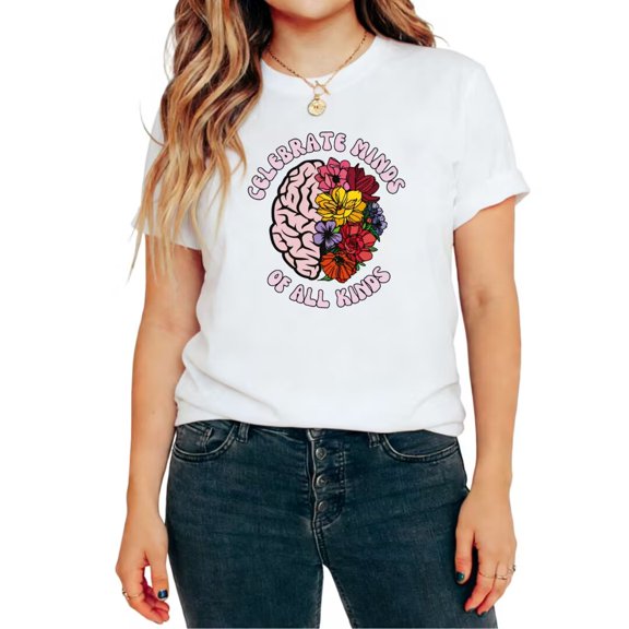 UNISHE Women's Celebrate Minds Of All Kinds Floral Brain Graphic Short Sleeve Crewneck T-Shirt Casual Tees Tops