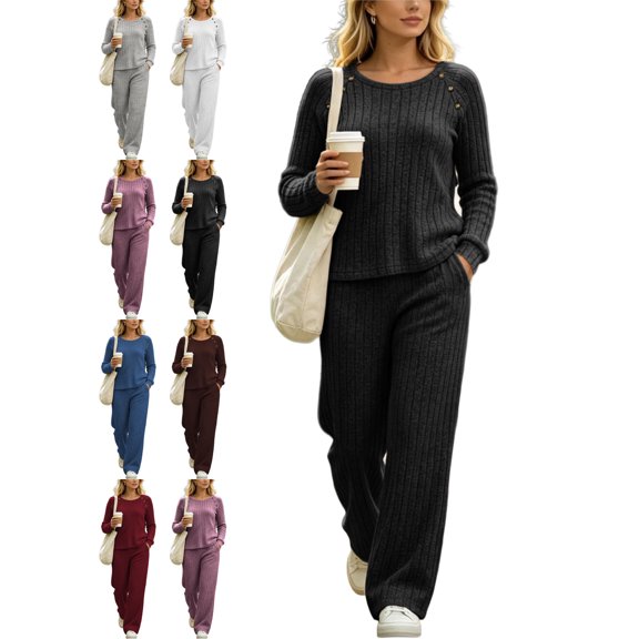 Casual Loungewear Sets for Women Matching 2 Piece Outfit for Women Crewneck Button Shoulder Long Sleeve Ribbed Knit Set