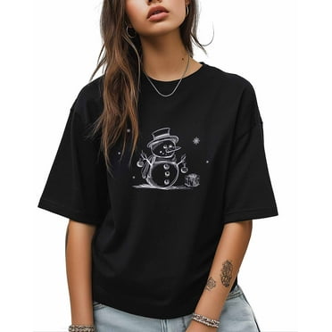 T Shirts for Women Short Sleeve Cotton Crewneck T-Shirt, Christmas Snowman Black Hand Painted Style Tee Tops Casual Basic T-Shirts, XS-5XL Black XS