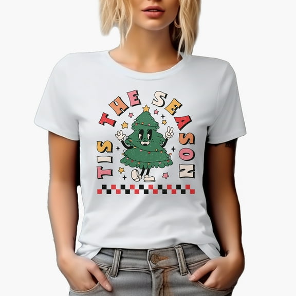 Distressed Tis the Season - Retro Christmas Tree with Lights Art Merch Gift, White T-Shirt, Small