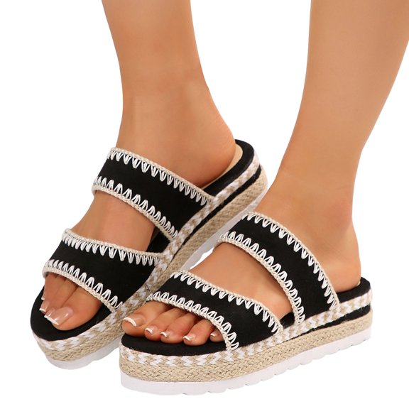 Rokment Stitching Espadrilles Platform Beach Sandals for Women Fashion Casual Height Increasing Flatform Comfortable Walking Chunky Flat Dress Slip on Slides Summer Vacation Black Size 6