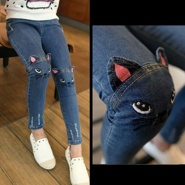 Kids Jeans Girl Solid Color Ripped Jeans Blue Casual Children