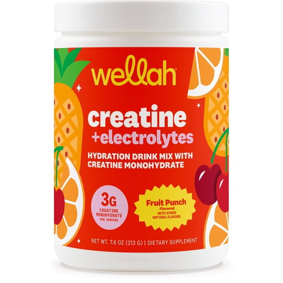 Wellah Creatine Electrolytes Powder (Fruit Punch) 30 Servings - Hydration Drink Mix with 3g of Creatine Monohydrate