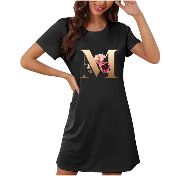 Munlar Nightgowns for Womens Cute Short Sleeve Sleep Dresses Black Short Crew Neck Valentines Day Sleepwear M