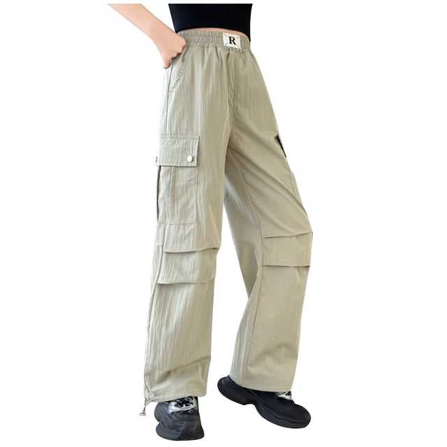 Odeerbi 5-16 Años Niñas Cargo Pantalones Deportes Pantalones Pierna Ancha Primavera Color Sólido Suelto Pantalones de Trabajo Con Múltiples Bolsillos