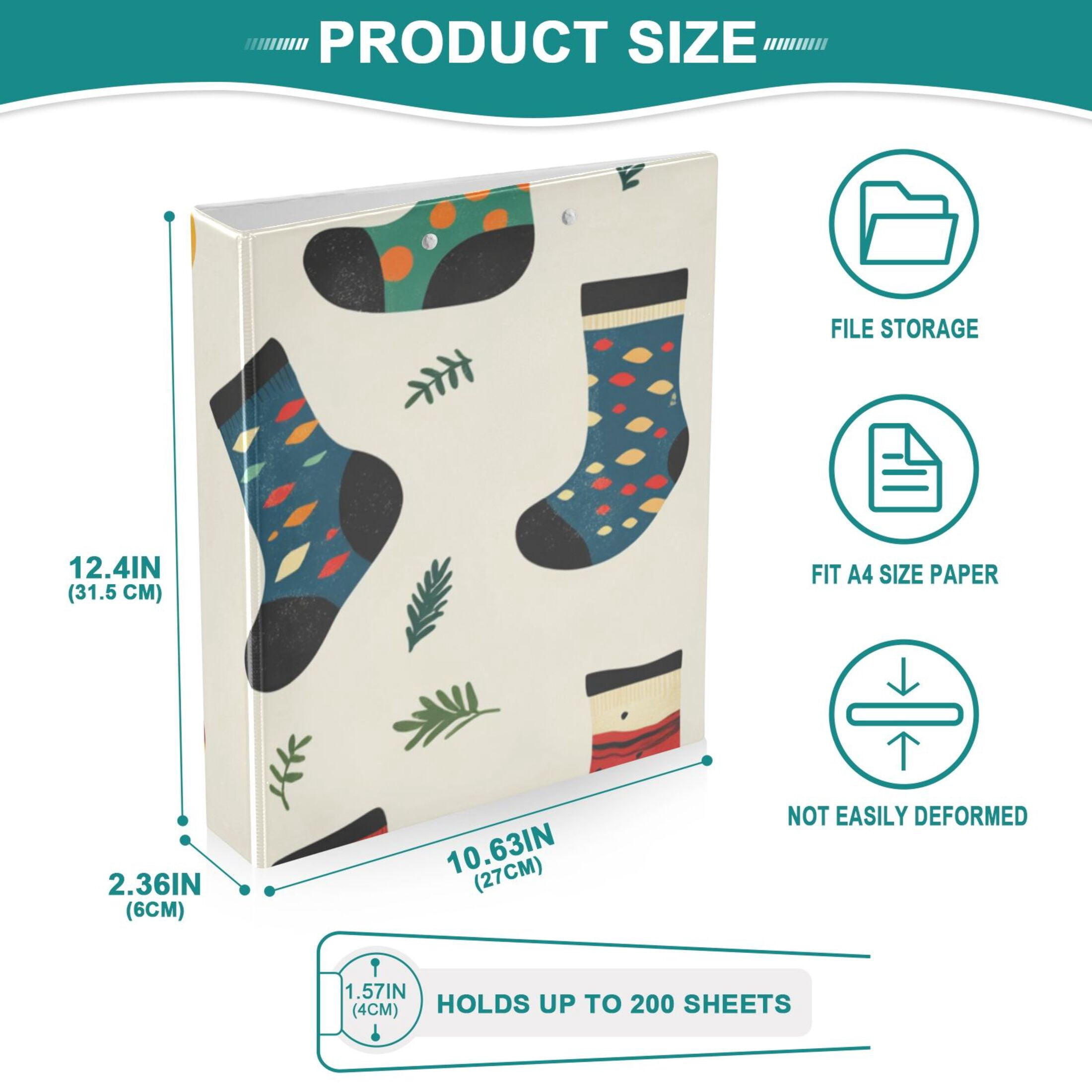 Socks Colorful 3 Ring Binders 1.5 inch Hardcover File Folders with Interior Pockets A4 Size Organizer for School Office Hospital