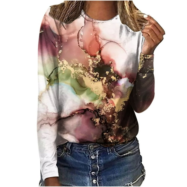 HKEJIAOI T-shirts Polyester Long Sleeve pour Col Rond Imprimé Géométrique Women Femmes Long Sleeve Été Tops 2023