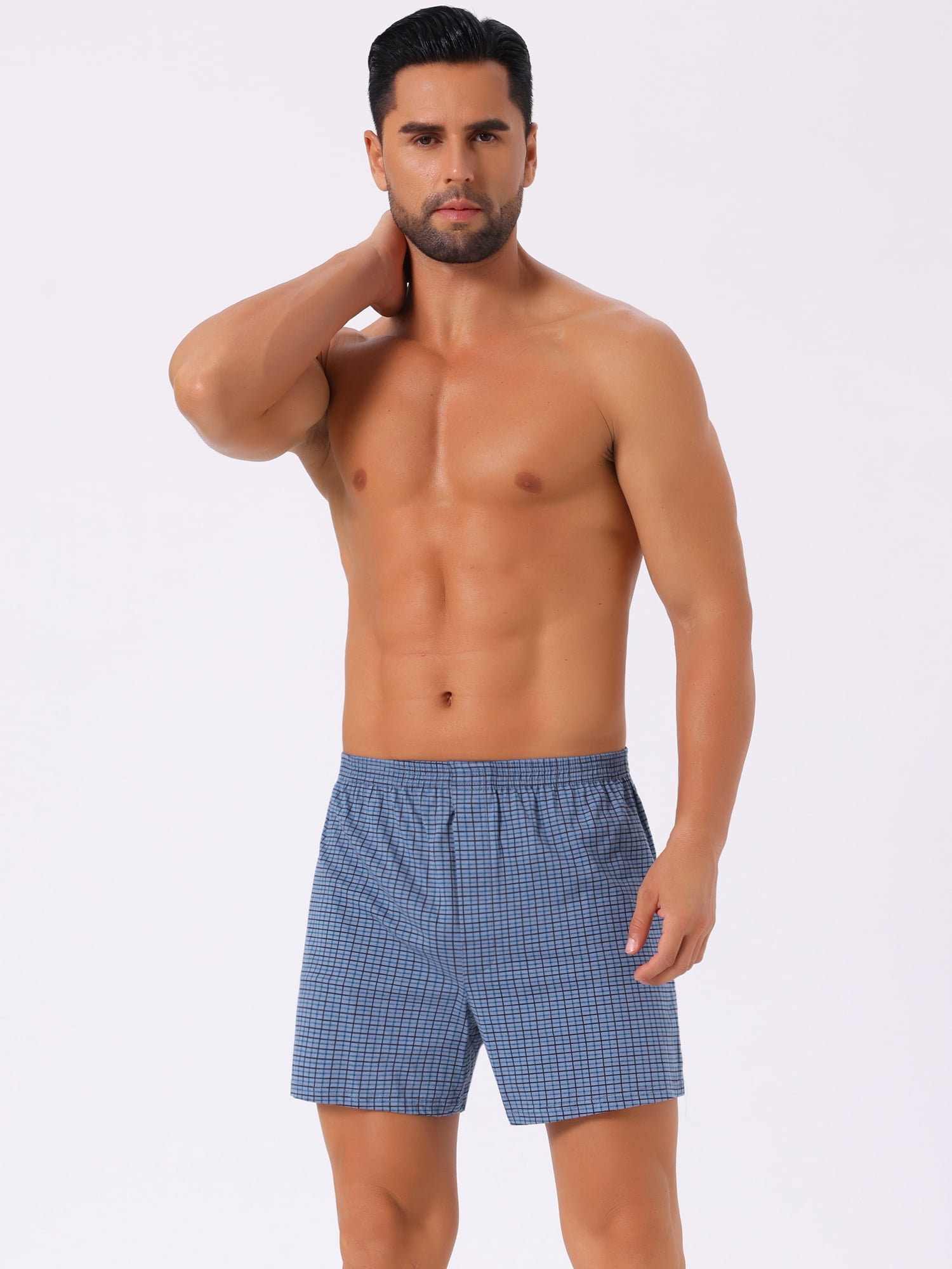 DARING DIVA Men's Classic Elastic Waistband Plaid Pattern Boxer Shorts 30 Navy Blue
