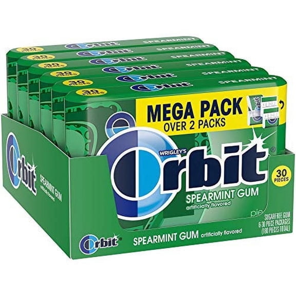 Orbit Spearmint Sugar-Free Chewing Gum Mega Pack, 6 Packs, 30 Pieces Each (180 Total)