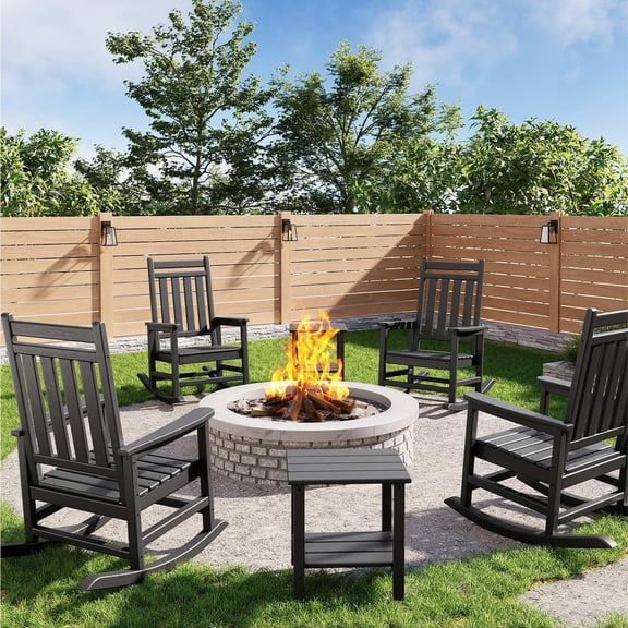 Set of 4 HDPE Outdoor Rocking Chairs with 2 Side Tables, Poly High Back Porch Rockers for Adults, All-Weather Resistant Seating for Patio & Front Porch, Black