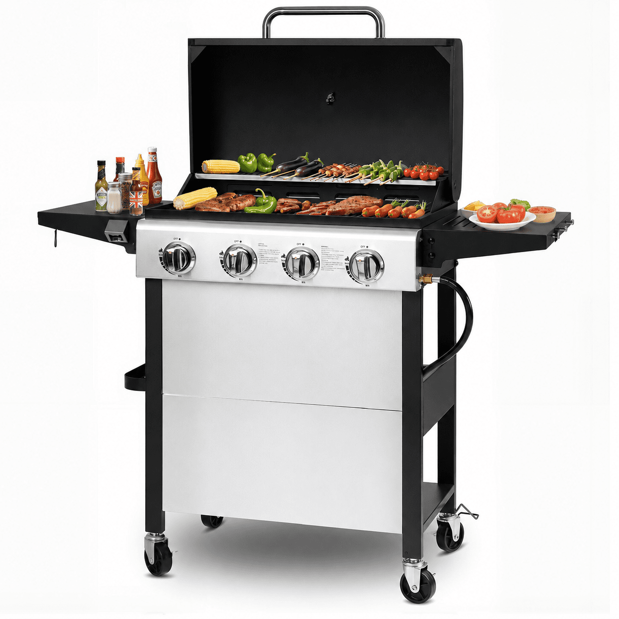 Enyopro Gas Grill, 4-Burner Propane Gas Grill, 40,00BTU Stainless Steel BBQ Grill With Foldable Side Table, Hanging Basket, for Outdoor Camping Barbecue