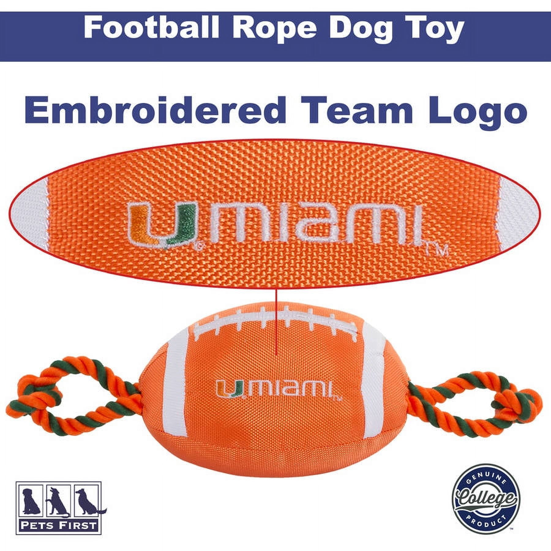 Pets First NCAA Miami Hurricanes Strong, Durable, Chewable Football Dog Toy with Inner Squeaker and Side Ropes, Officialy Licensed