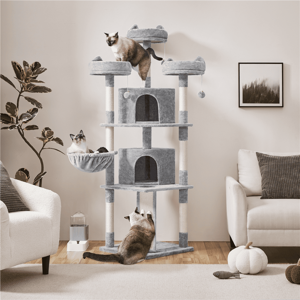 Alden Design 76"H Large Multilevel Cat Tree Tower with Condos and Perches, Light Gray