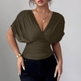 thumbnail image 5 of Women's V Neck Lace Up Short Sleeve Tops Shirts Blouses Solid Color Casual Daily Wear Vacation Beach Party Night Out Fashion Essential Gift for Women | Aestivo,Army Green L, 5 of 9
