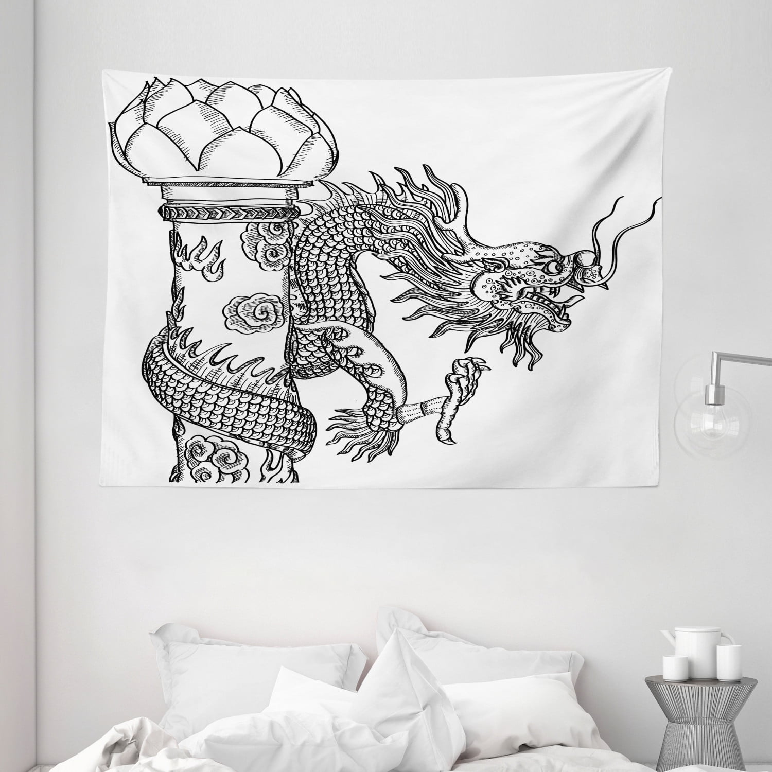 Dragon Tapestry, Chinese Style Sacred Creature Statue Sketch Medieval
