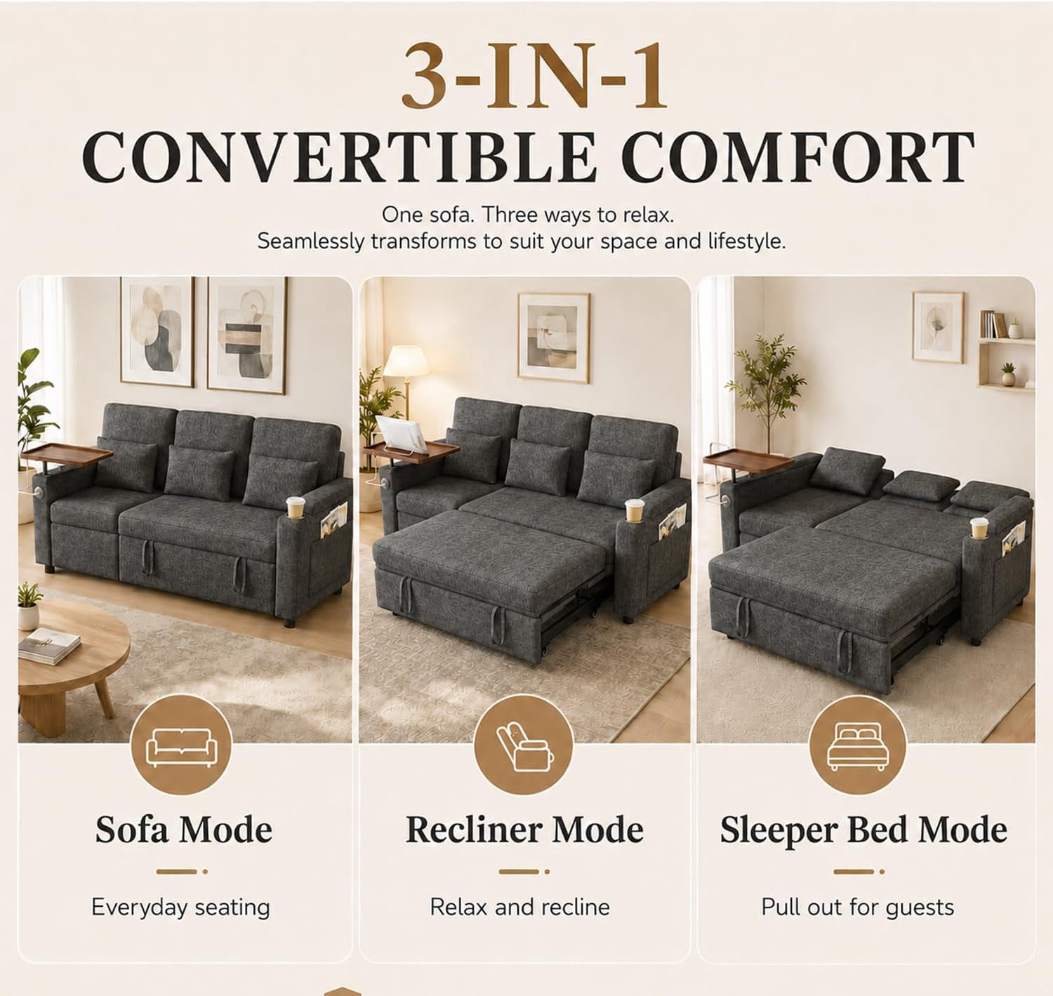TiramisuBest 81" 3-in-1 Convertible Sleeper Sofa Bed with Power Recliner,Chenille Sofa Couch with Tray Table & USB for Living Room,Dark Gray