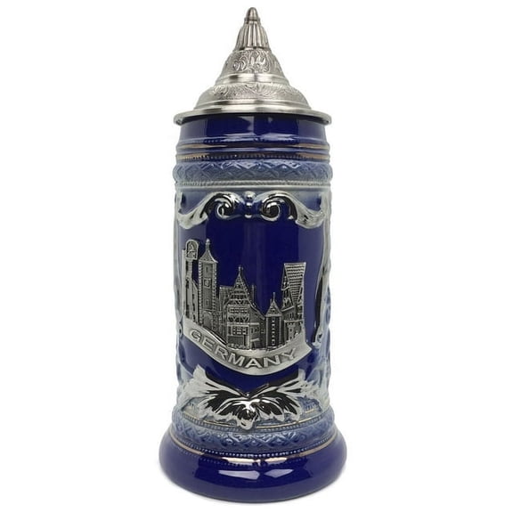Oktoberfest Haus Deluxe Relief Village Medallion German Beer Stein with an Ornate Metal Lid Blue -1L