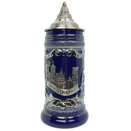 Oktoberfest Haus Deluxe Relief Village Medallion German Beer Stein with an Ornate Metal Lid Blue -1L