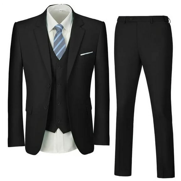 MOSEDOU YuanLu Men's Slim Fit 3-Piece Suit, Collared Long Sleeve Jacket Vest Pants Set, Prom & Wedding Party, Size M