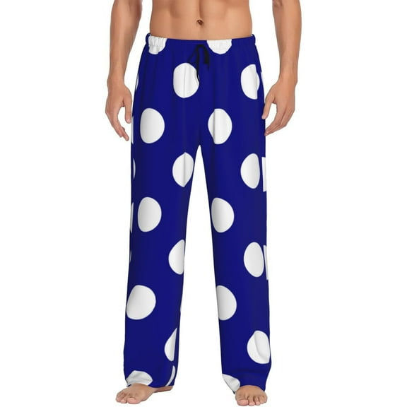 Gukieu Navy And White Polka Dot Print Men's Home Trousers, Elastic Drawstring Home Pajamas Clothing Suitable for Adult Men-Small