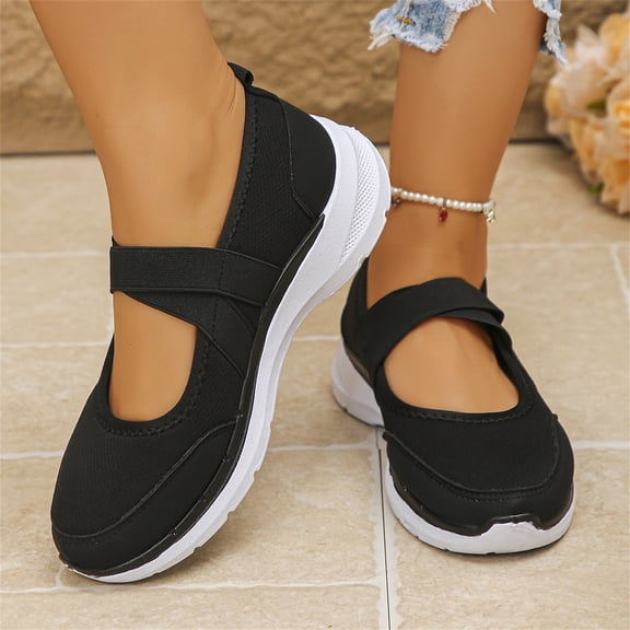 IEMIEMIEM Women's Knitted Platform Mary Jane Orthopedic Sneakers 2026 Fashion Adjustable Lightweight Breathable Working Nurse Shoes,Comfortable Non-Slip Soft Sole Casual Walking Shoes Black 6.5 Wide