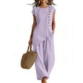 thumbnail image 2 of MLCDZ Sets for Women 2 Piece Button Round Neck Short Sleeves Tops and Wide Leg Loose Fit Pants Set Matching Beach Vacation Outfit with Pockets, 2 of 7