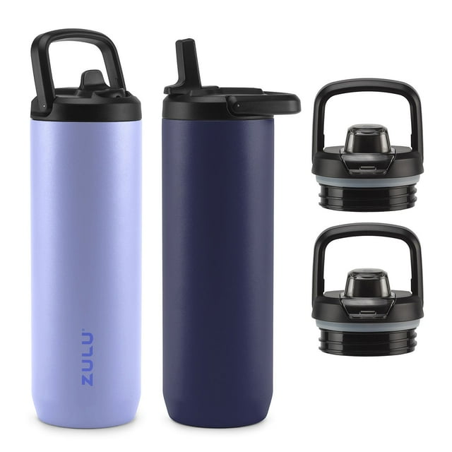 Zulu Base Stainless Steel Water Bottle with Lids., 2 Pack 24oz each, Includes 2 Extra Lids (Choose Color)