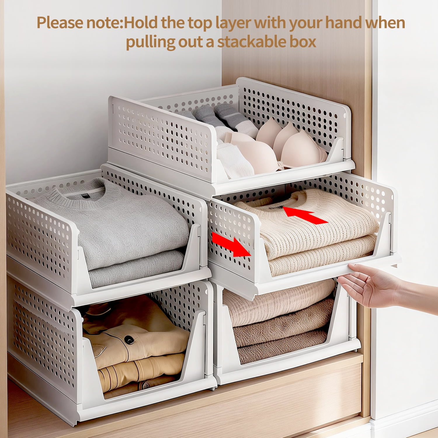 Taimasi 5 Pack Stackable Closet Storage Basket, Multifunctional Foldable Closet Organizer for Kitchen Bathroom Laundry Room Wardrobe Storage, Space-Saving Clothes Storage Drawer Organizer, White