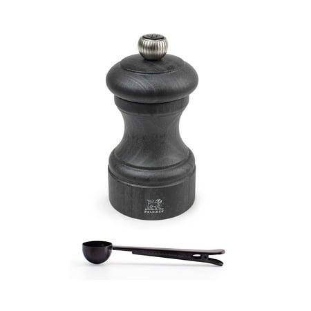 Peugeot - Bistro Manual Pepper Mill Gift Set - Classic Adjustable Grinder - Beechwood, With Stainless Steel Spice Scoop/Bag Clip