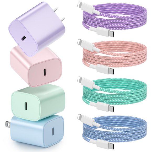 Cargador de teléfono Aorle, cargador de pared USB C de 20 W con cable de 6 pies, paquete de 4