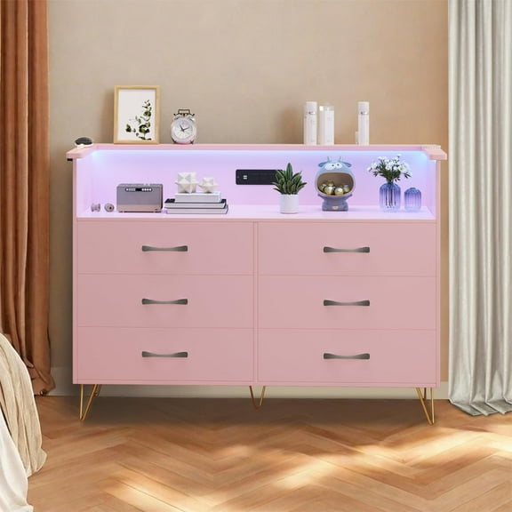 GAOMON Dressers, Pink, 6-Drawer Storage Chest, Modern TV Stand, Organizer Cabinet with Charging Station, Bedroom, Living Room, Easy Assembly