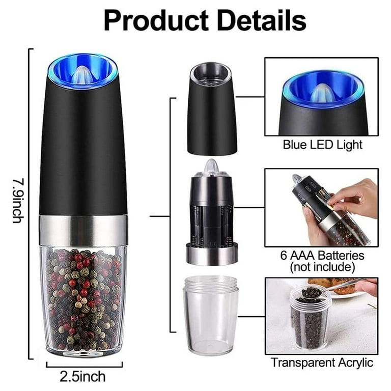 Tripumer Gravity Electric Pepper and Salt Grinder Set Adjustable  Coarseness, Battery Powered with LED Light One Hand Automatic Operation ( Black) 