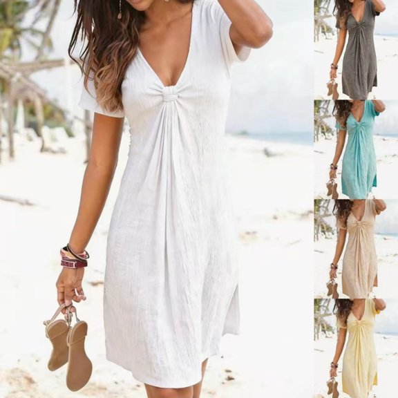 UDAUDU Womens Linen Dresses Casual Twist Front V Neck Ruffle Sleeve Flowy A Line Sundress Beach Summer Vacation Mini Dress with Pockets White L