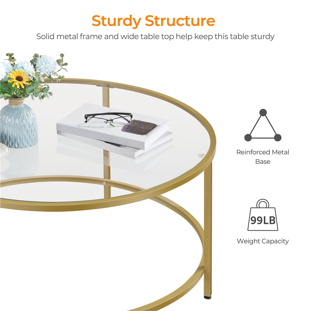 Yaheetech 36in Modern Round Glass-Top Coffee Table for Living Room, Gold