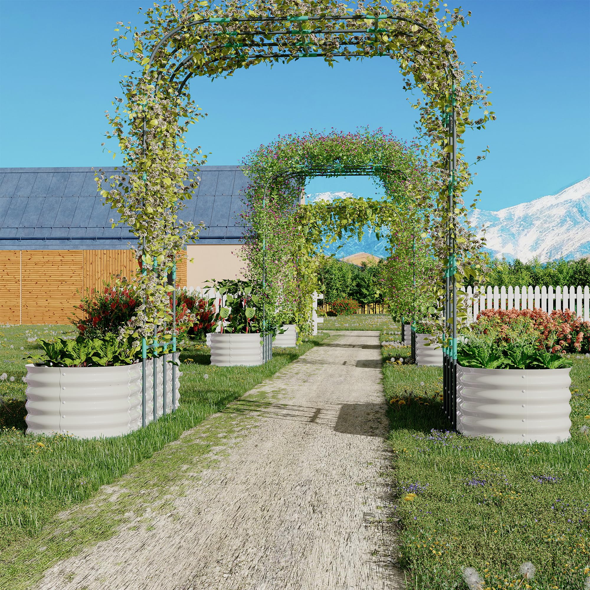 Riedhoff Vertical Gardening Arch Kit with 95" H Tall Metal Raised Beds for Vines,Flowers,Beige