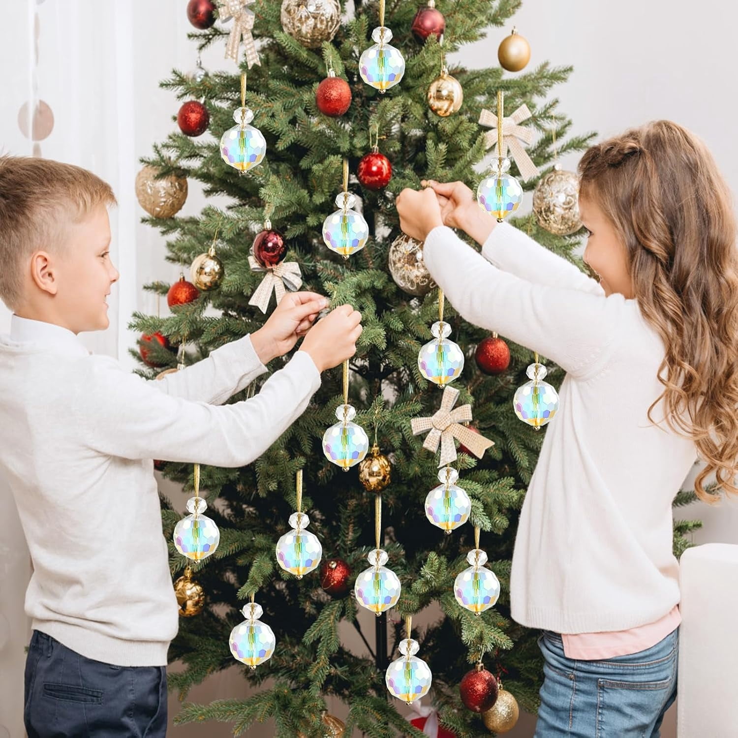 Crystal Christmas Ornaments,24 Pcs Glass Prism Ball,Crystal Xmas Tree Ornaments,Hanging Ornament Ball for Xmas Tree Bridal Wedding Birthday Party Decor(12 White + 12 Multi-color)