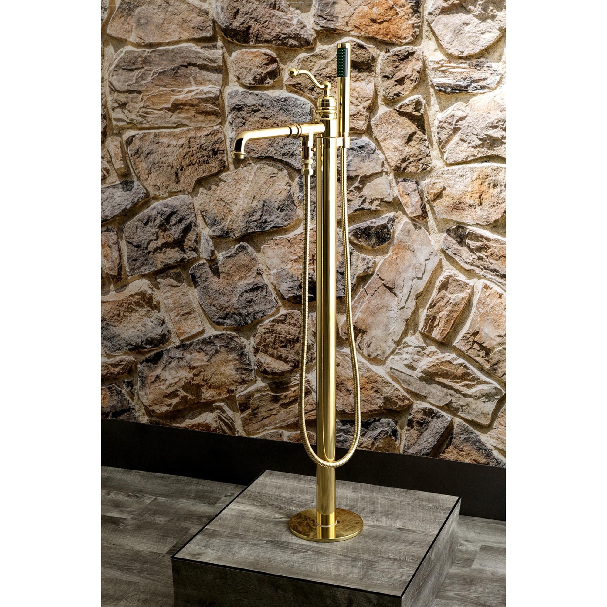 Kingston Brass KS7032ABL English Country Freestanding Tub Faucet with Hand Shower, Polished Brass