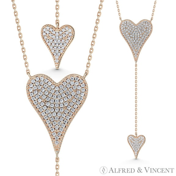 Large Heart & Small Drop-Heart CZ Crystal Pave Necklace in .925 Sterling Silver