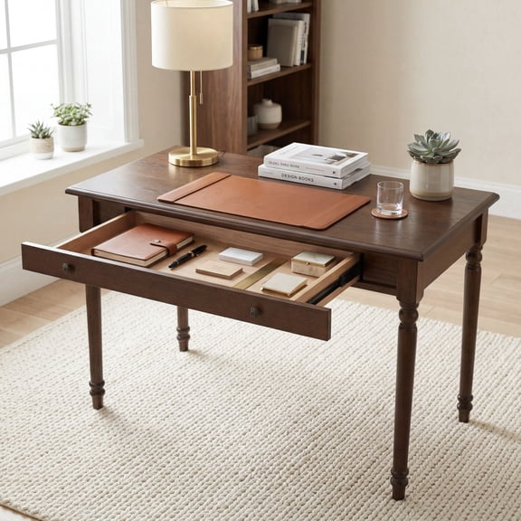 Dayalane 41.5" Farmhouse Wooden Writing Desk with Drawer, Antique Mid Century Solid Wood Console Table, Small Morden Desk for Make Up/Work Study/Gaming, Walnut