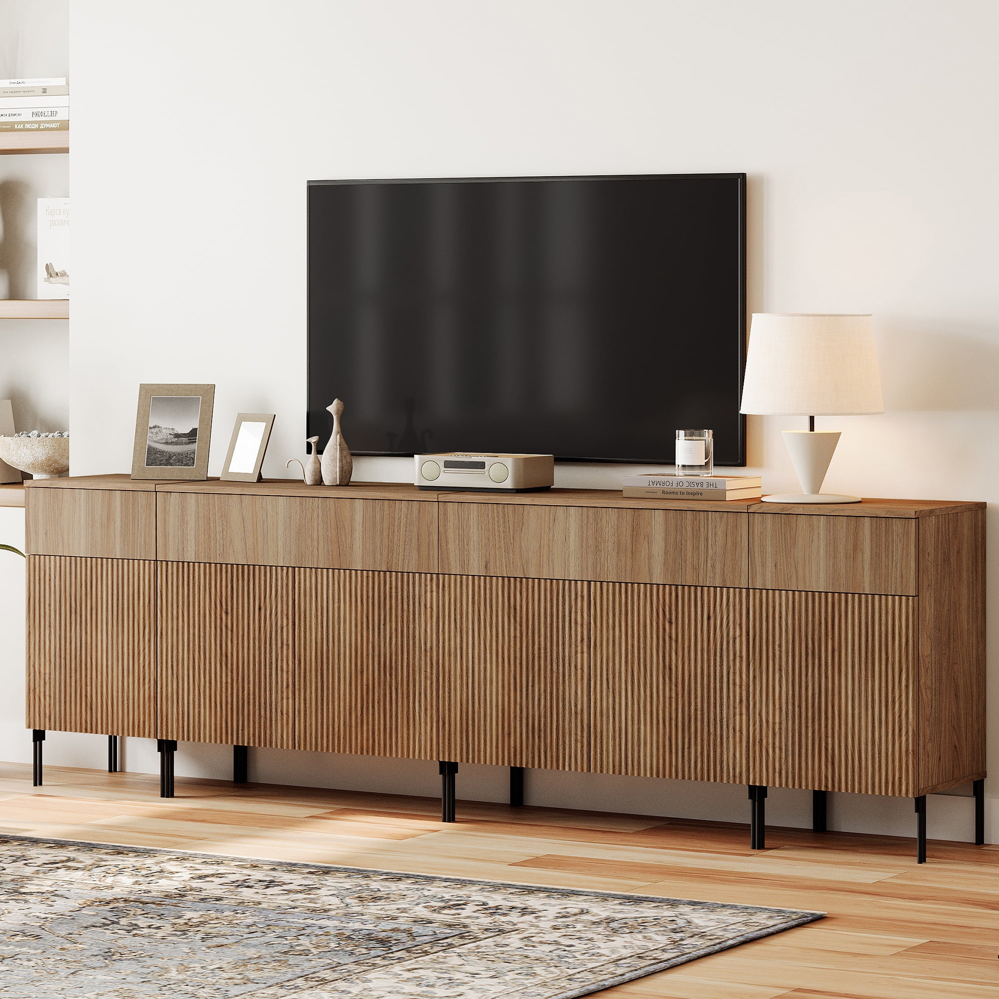 94.5" Modern Reeded Dresser TV Stand for TVs up to 100 Inch, Entertainment Center with Charging Station, Wooden TV Console with Storage for Living Room