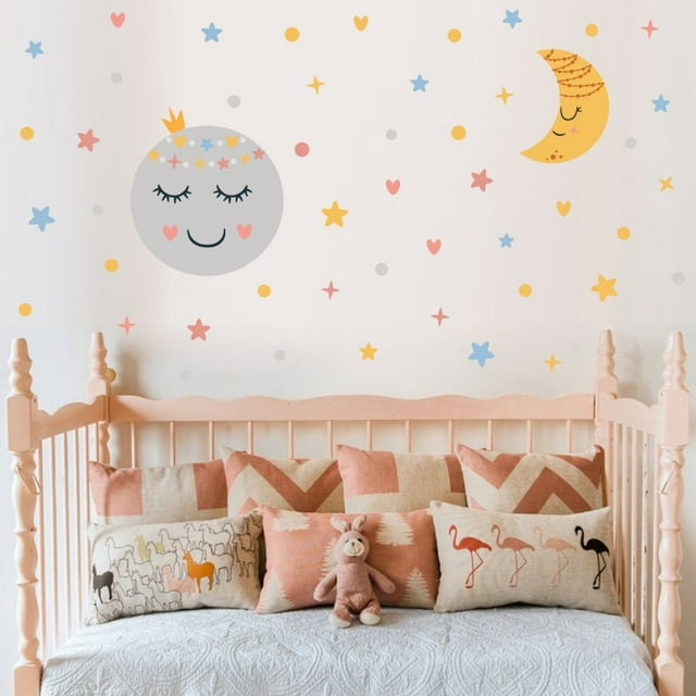 Un conjunto de cara sonriente luna estrellas pegatinas de pared calcomanía extraíble para pared decoración de pared para dormitorio sala de estar oficina cocina TUNC Sencillez