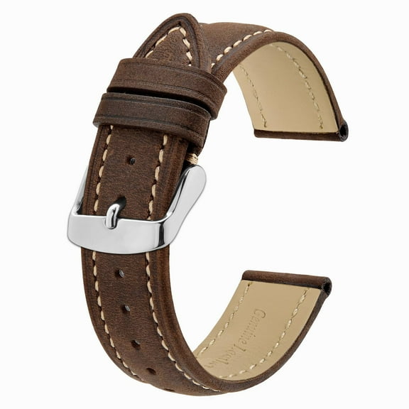 BISONSTRAP Watch Strap 14mm, Vintage Leather Replacement Watch Band, Brown with Thread