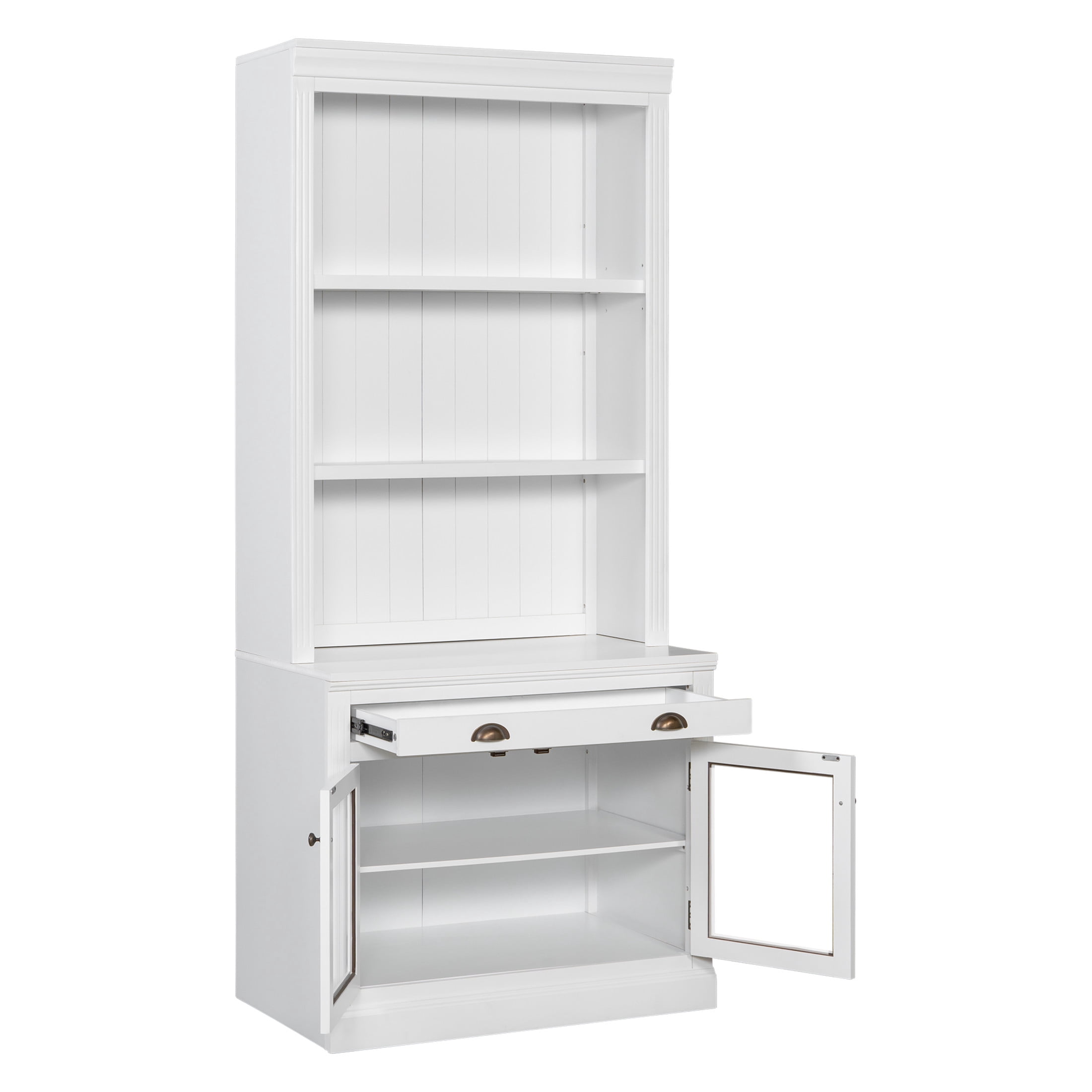 GDF Studio Caldon 83.4" Bookshelf with LED Lighting, Drawers & Glass Doors, Modern Bookcase for Home Office, White